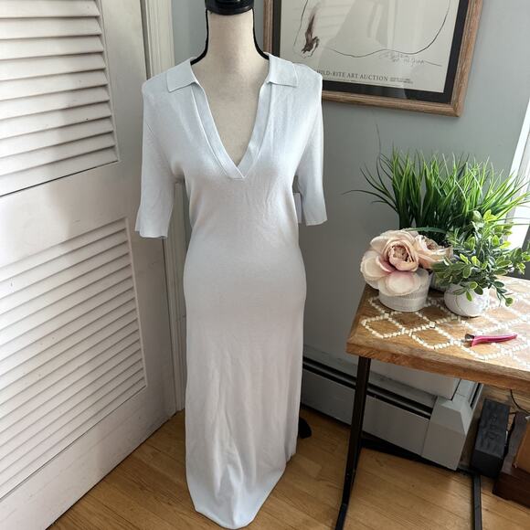 EQUIPMENT Womens Dress Medium Plein Air Blue Midi Stretch Kniit Simple Chic $395 - Picture 1 of 14